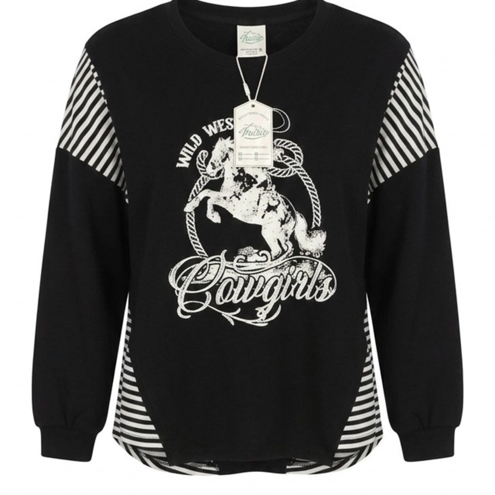 Very J Wild West Cowgirls Graphic Top - Black/White Striped Accents Size Small